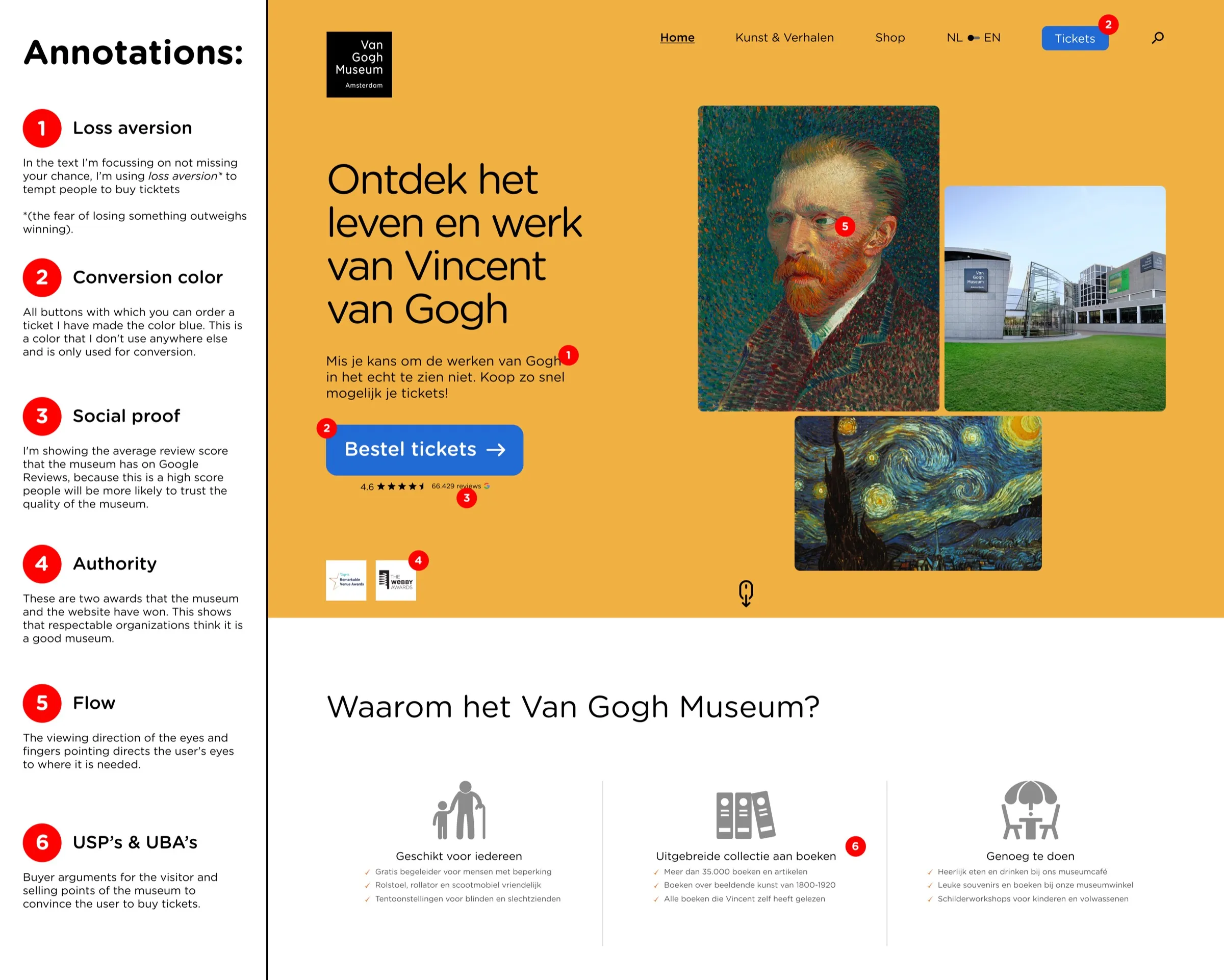 Annotated homepage explaining the reasoning behind each design decision.