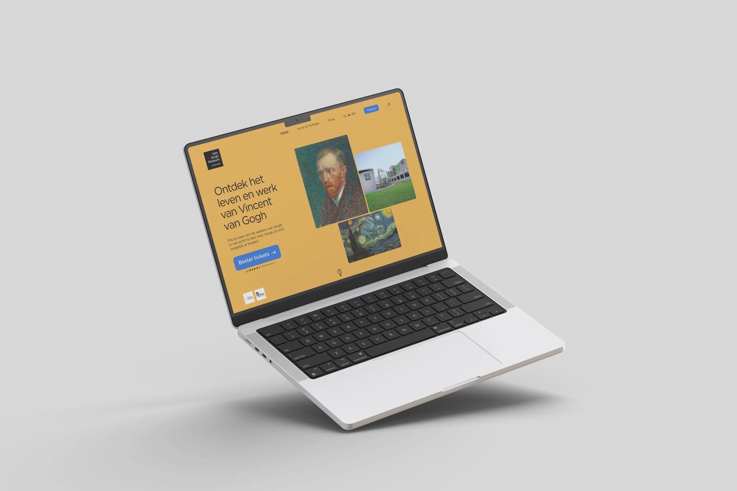 Laptop showing a redesigned Van Gogh Museum homepage with a yellow background and a self-portrait.