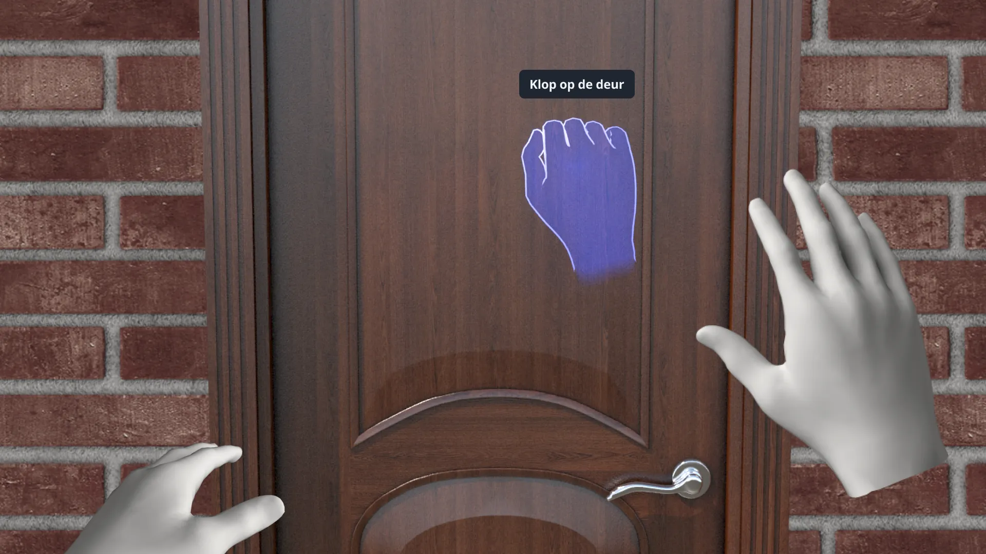 A virtual hand knocks on a door, with a visual hint showing where to interact.