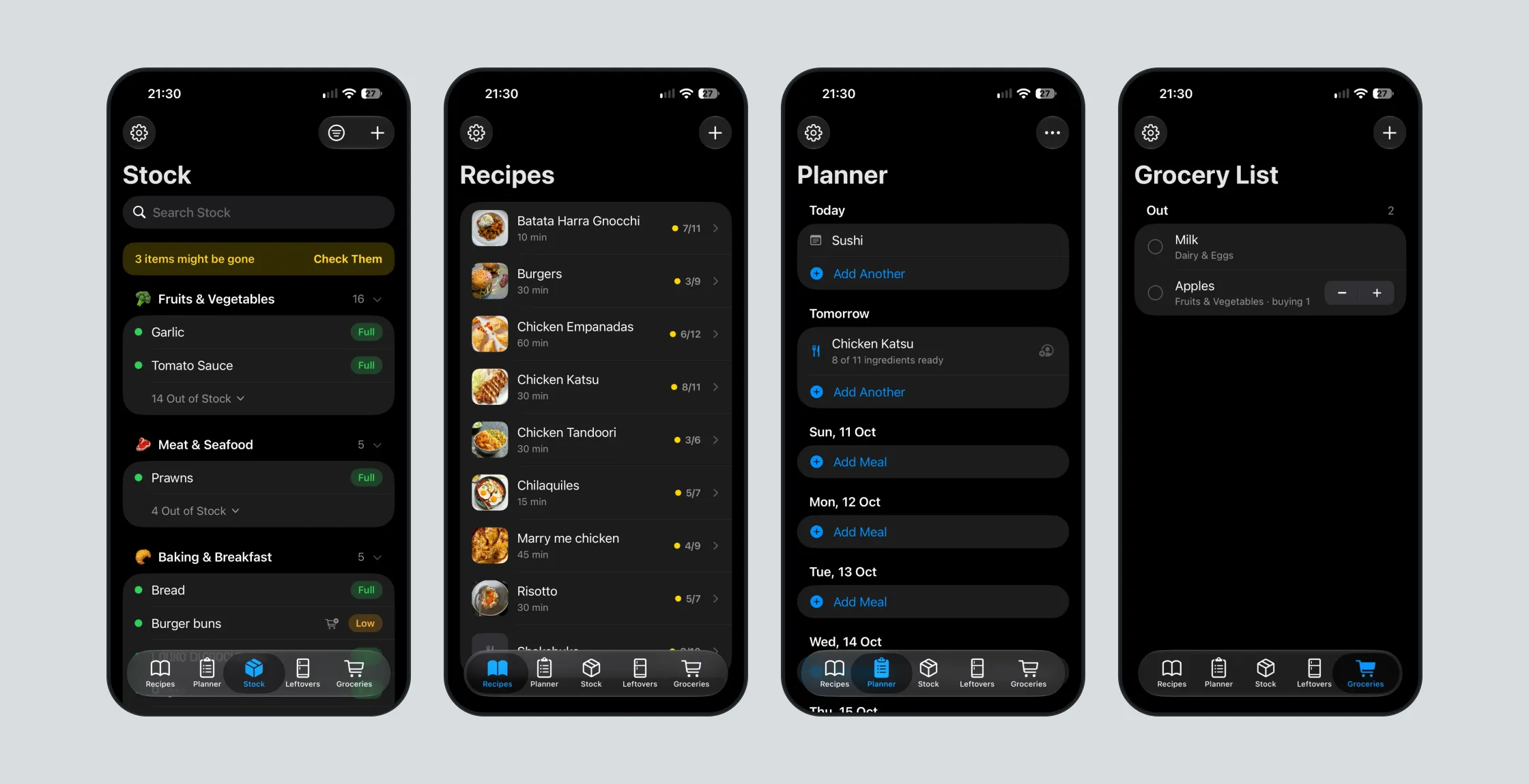 Stackd screens: stock, recipes, planner and grocery list.