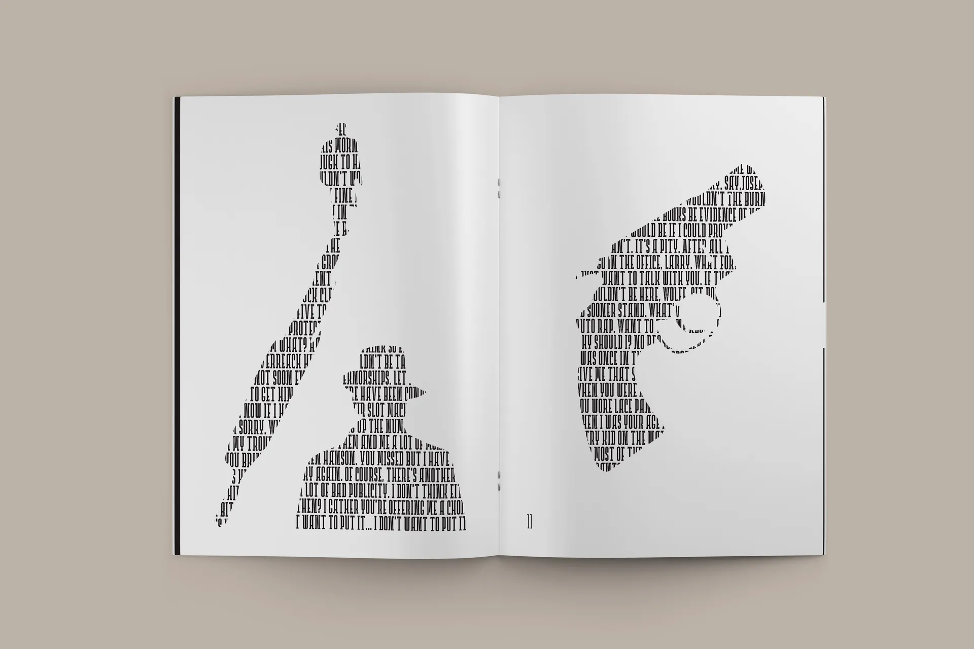 Booklet spread with an image composed from letterforms.
