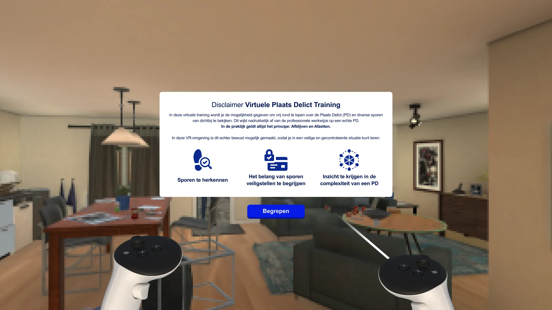 In-VR disclaimer panel in the Dutch Police visual identity.